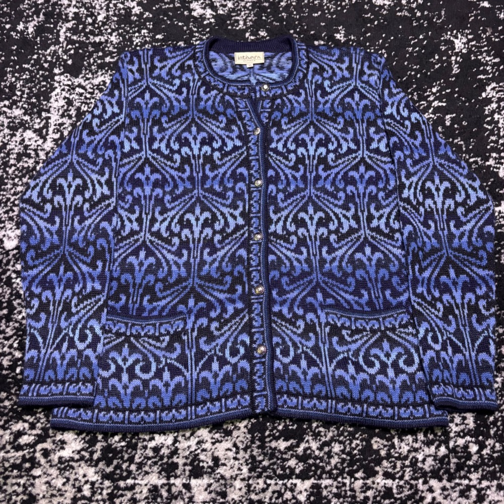 Intiwara Alpaca Vintage Blue Jacquard Knit Cardigan Sweater XL Handmade